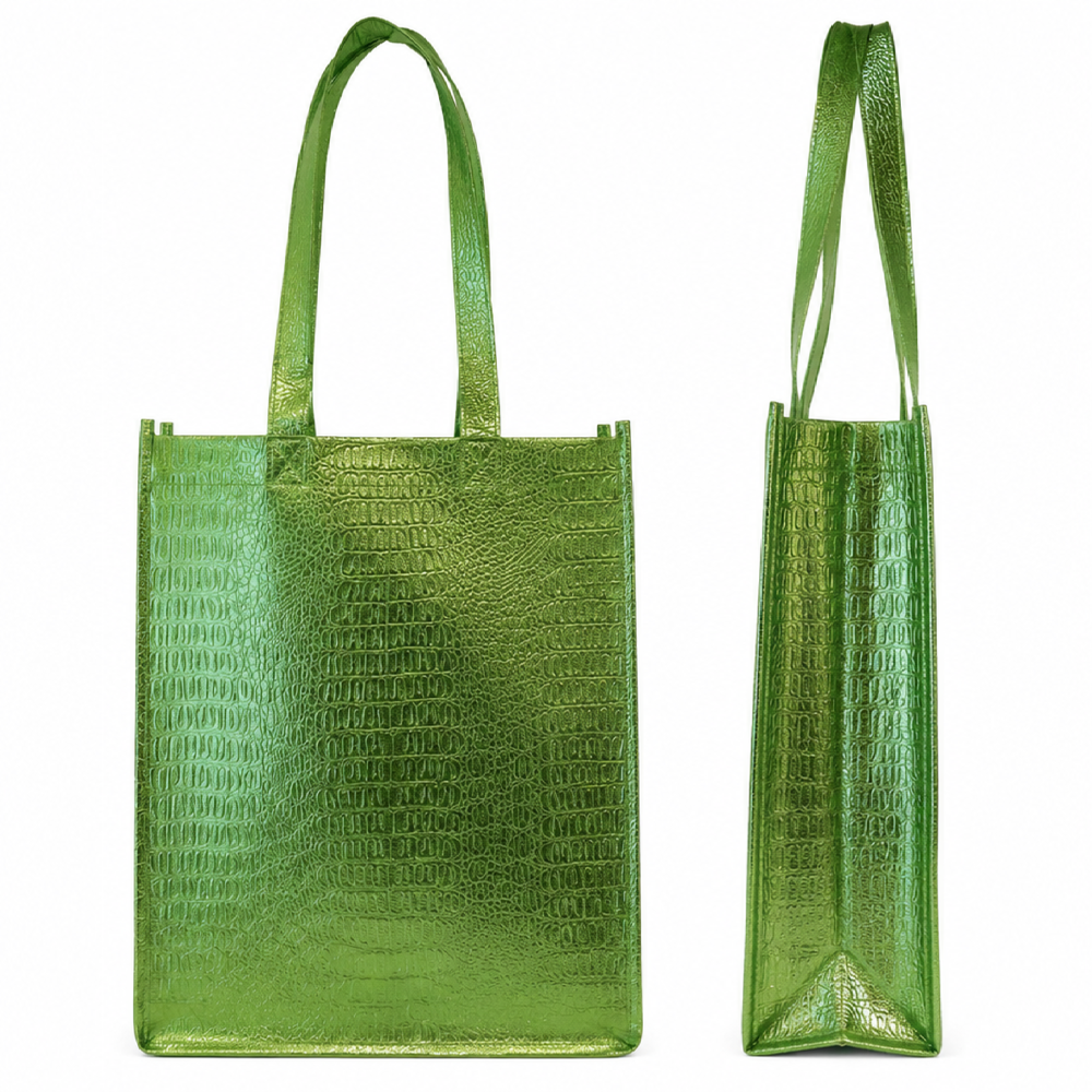 Bolsa ecológica cosida con asas, con fuelle lateral e inferior. (metalizada)